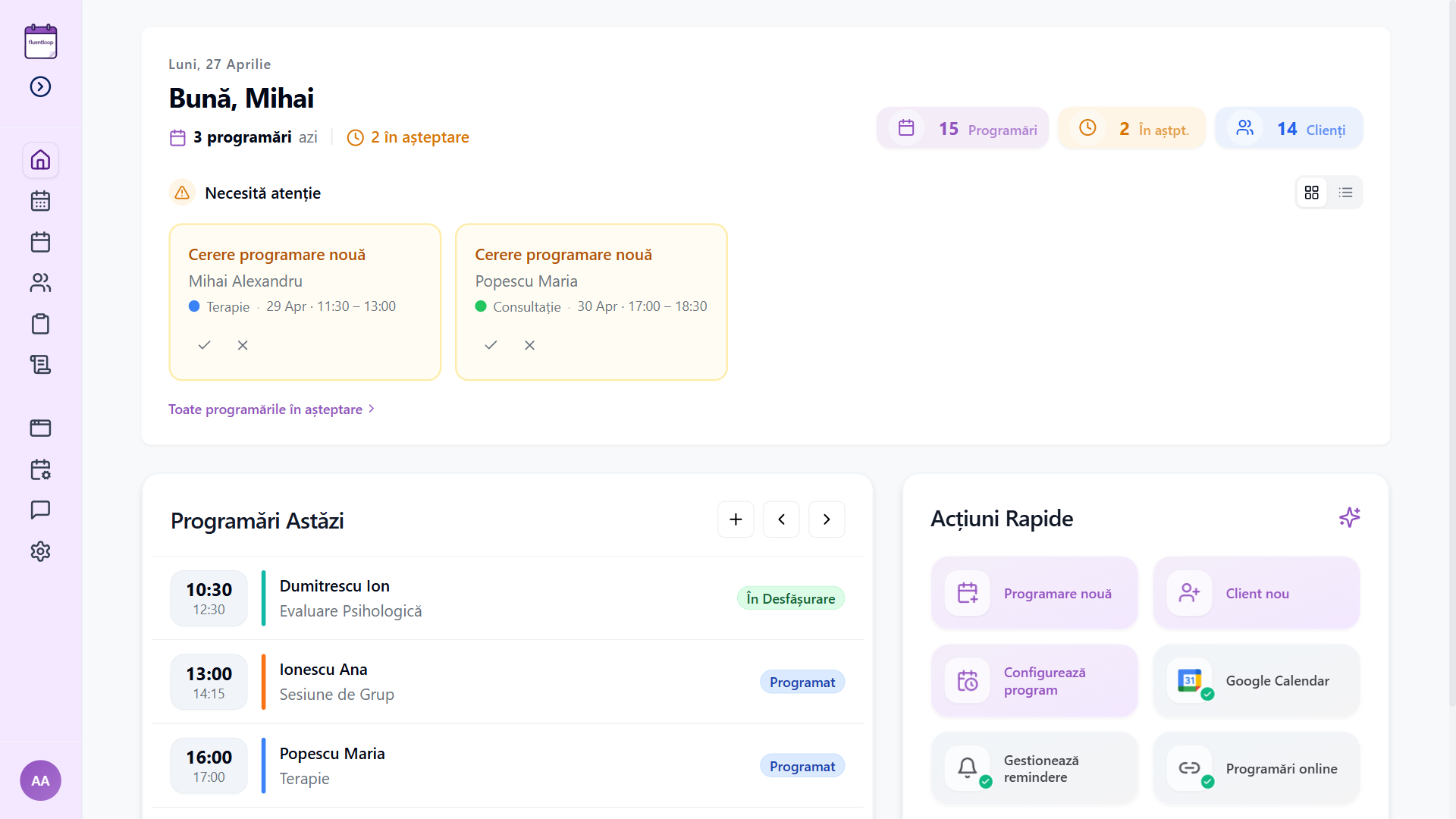 Dashboard FluentLoop cu programări și calendar
